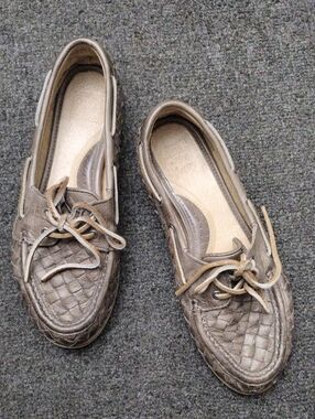 Frye Women's Taupe Woven Leather Boat Shoe/ Loafers